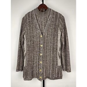 Vtg Leroy Knitwear Brown Neutral Ribbed‎ Cardigan Mock Neck Tank Preppy 70s Set